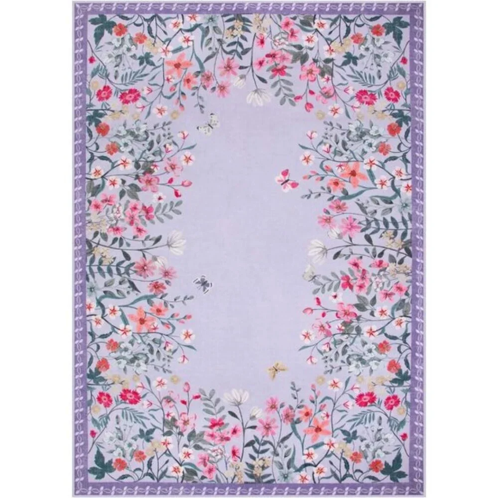 New 5x7 Purple Washable Rug, Floral, Non-Slip, Soft Carpet for Bedroom & Nursery